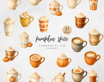 Clipart de Café com Especiarias de Abóbora – Ilustrações PNG de Latte de Abóbora para Artesanato e Adesivos de Outono, uso comercial