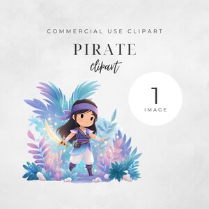 Può includere: Illustrazione digitale di una ragazza pirata dei cartoni animati con una spada, circondata da fogliame blu e viola. L'immagine include il testo "PIRATE clipart" e "COMMERCIAL USE CLIPART". È presente anche un cerchio bianco con il numero "1 IMAGE".