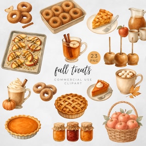 May include: A watercolour illustration of autumn treats, including doughnuts, apple pie, toffee apples, and apple cider. The image also features a pumpkin spice latte, a basket of apples, and jars of preserves. The text "fall treats" is displayed.