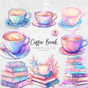 Może przedstawiać: Akwarelowa ilustracja przedstawiająca filiżanki kawy z latte art w kształcie serca, spodkami i parą. Obraz zawiera stosy książek i tekst "Coffee Break COMMERCIAL USE CLIPART". Paleta kolorów obejmuje pastelowe błękity, róże i fiolety.