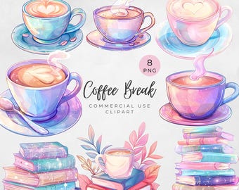 May include: Watercolor illustration featuring coffee cups with heart-shaped latte art, saucers, and steam. The image includes stacks of books and the text "Coffee Break COMMERCIAL USE CLIPART". The color palette includes pastel blues, pinks, and purples.