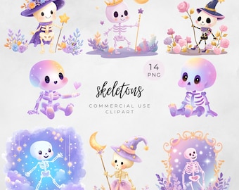 Cute Skeleton Clipart – Pastel Kawaii Halloween Skeletons with Moons, Stars & Flowers, Spooky Cute PNG Set, Commercial Use