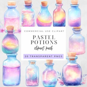Pode incluir: Uma coleção de frascos de vidro para poções com rolhas de cortiça, cheios de líquidos pastel coloridos. Os frascos têm várias formas, com o texto "PASTEL POTIONS clipart pack" e "20 TRANSPARENT PNGS".