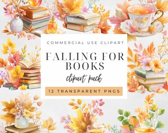 Falling for Books Clipart-Set - Herbstbücher und Tee PNGs mit Herbstblättern für Kunsthandwerk, Zeitschriften und Dekoration, kommerzielle Nutzung