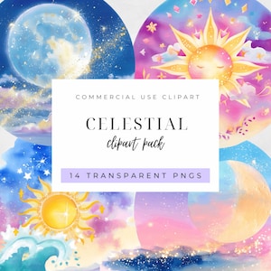 Sun and Moon Celestial Clipart, Moon and Sun PNG, Digital Download Graphics, Watercolour Crescent Moon Boho Moon Clip Art for Commercial Use