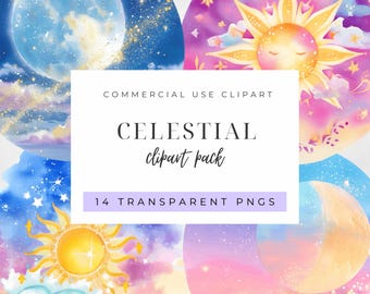 Sun and Moon Celestial Clipart, Moon and Sun PNG, Digital Download Graphics, Watercolour Crescent Moon Boho Moon Clip Art for Commercial Use