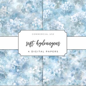 May include: Four digital papers featuring a watercolor design of soft blue and white hydrangeas. The text "soft hydrangeas" is displayed in a cursive font, with "4 DIGITAL PAPERS" below. The words "COMMERCIAL USE" are at the top.