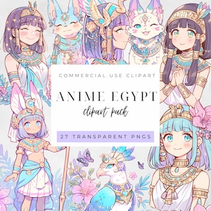 May include: A digital clipart pack showcasing anime-style illustrations with an Egyptian theme. The images include characters in pharaoh-like attire, animals, and the text "ANIME EGYPT clipart pack" and "27 TRANSPARENT PNGS". The colour palette includes pastel blues, purples, and pinks.