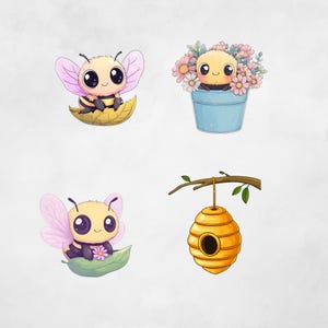 May include: Four illustrations of cartoon bees. One bee sits on a leaf, another in a blue bucket of flowers, and a third on a leaf with a flower. The last image is a yellow beehive hanging from a branch.