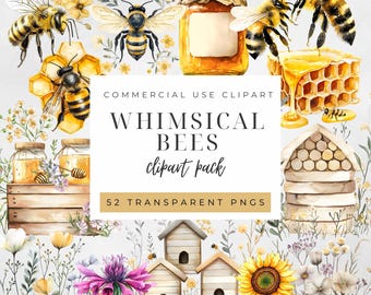 Whimsical Bee Clipart Pack – Watercolor Bees with Honeycombs, Jars, Hives and Flowers, Cottagecore Bee Illustrations, Commercial Use PNGs