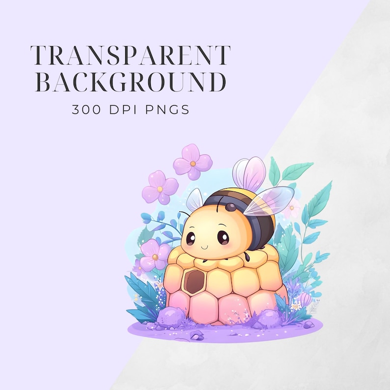 May include: A cartoon bee with a yellow and black body sits on a honeycomb structure. The image includes the text "TRANSPARENT BACKGROUND" and "300 DPI PNGS". The bee is surrounded by purple flowers and green foliage against a light purple background.