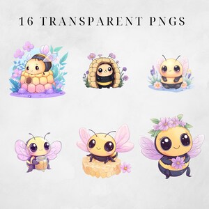 May include: A set of 16 transparent PNG images showcasing cute cartoon bees. The bees, with large eyes, are in different poses, surrounded by flowers and honeycombs. The bees are yellow and black with pink wings. Text: 16 TRANSPARENT PNGS.