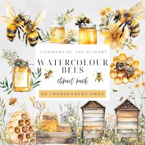 May include: Watercolor clipart pack featuring bees, honey jars, and honeycomb. The image includes the text "WATERCOLOUR BEES clipart pack" and "60 TRANSPARENT PNGS". The illustrations are in shades of yellow, brown, and green.