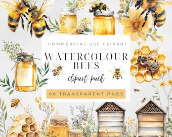 Watercolor Bee Clipart Pack – Honey Bees, Honeycombs, Jars and Hives with Flowers, Rustic Bee Illustrations, Commercial Use PNGs