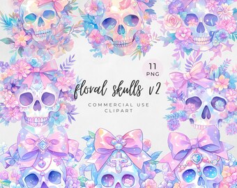 Pastel Skull Clipart, Floral Skull PNG, Cute Gothic Halloween Clip Art, Skull with Bows, Girly Spooky Graphics, Commercial Use