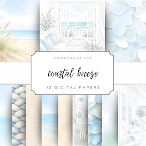 May include: A set of 12 digital papers with a coastal theme. The papers showcase watercolour illustrations of beach scenes, sea glass, and seaside decor in shades of blue, white, and beige. The words "commercial use" and "coastal breeze" are also visible.
