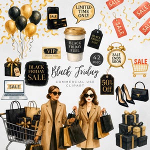 May include: Watercolor illustration featuring Black Friday sale elements. Includes shopping bags, gifts, balloons, a coffee cup, a shopping cart, and women with shopping bags. Text includes "Black Friday", "Sale", and "50% Off".