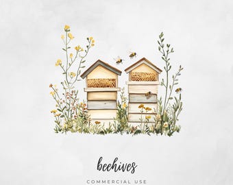 Beehive Apiary Clipart, Honeybee. Hive PNG, Commercial Use Watercolour Graphic