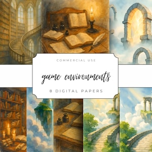 Könnte beinhalten: Digitale Kunst mit Fantasy-Spielumgebungen. Das Bild zeigt eine Bibliothek mit Wendeltreppe, einen Schreibtisch mit Büchern und einer Kerze sowie schwebende Inseln mit Steinbögen. Der Text lautet "game environments" und "8 digital papers."