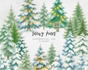 May include: Watercolor illustration of various snowy pine trees in shades of green and blue. Some trees are adorned with string lights. The text "snowy pines" and "commercial use clipart" are also visible.