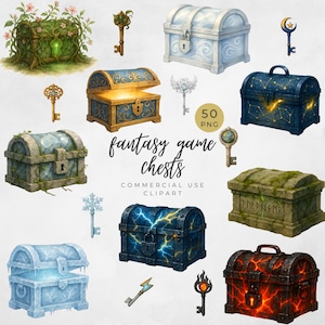 Könnte beinhalten: Aquarellillustrationen von Fantasy-Spielkisten in verschiedenen Stilen, darunter Holz-, Stein- und Eistruhen. Das Bild enthält Schlüssel und den Text "fantasy game chests" und "commercial use clipart".