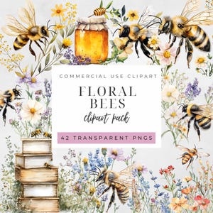 Floral Bees Clipart Pack – Watercolor Bees and Wildflowers, Honey Jar and Botanical Illustrations, Commercial Use PNGs, Junk Journal