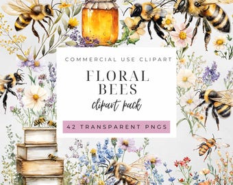 May include: Watercolor clipart pack featuring bees, flowers, and a jar of honey. The image includes the text "Floral Bees clipart pack" and "42 Transparent PNGs". The design is suitable for commercial use.
