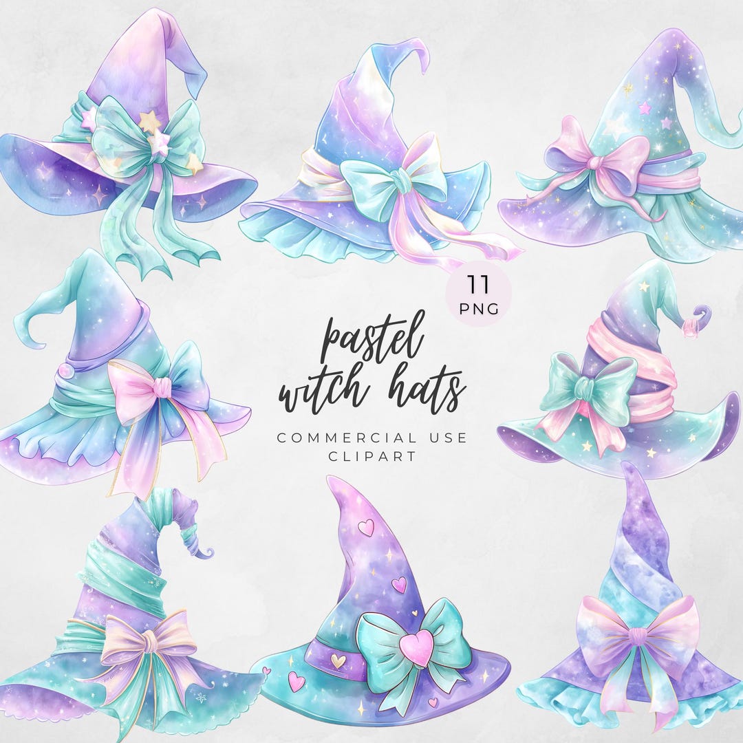 Pastel Witch Hat Clipart – Cute Kawaii Halloween Hats With Bows & Stars ...
