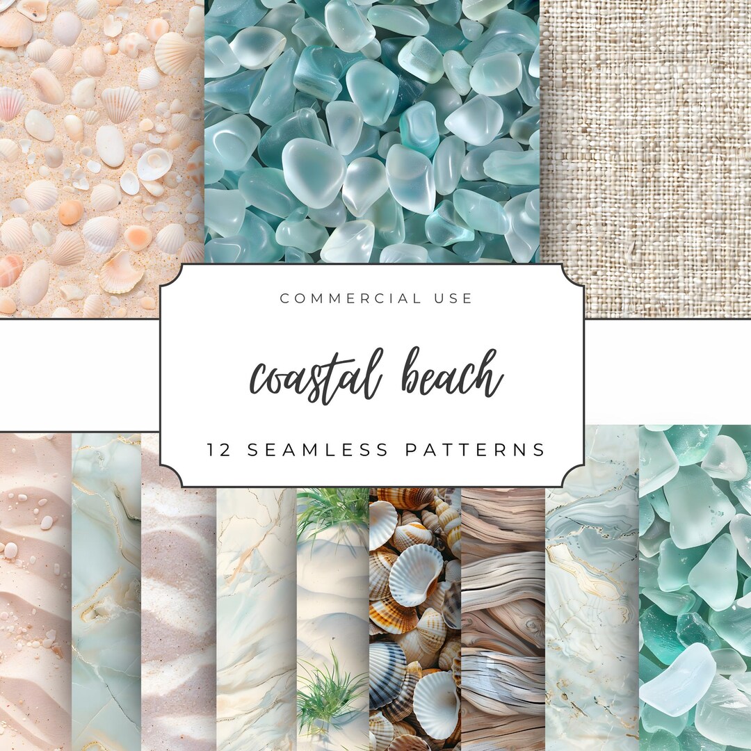 Coastal Beach Seamless Digital Paper Pack, Seashell Sand Sea Glass ...