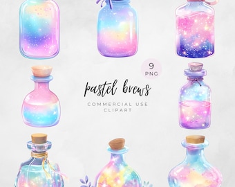 Pastel Potion Bottle PNG Clipart – Cute Magical Galaxy Brew Jars, Spooky Season Sparkly Witchy Potion PNG Set, Commercial Use
