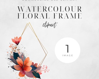 Clipart con cornice geometrica dorata, PNG floreale, eleganti bouquet acquerellati, fiori da matrimonio, uso commerciale, modello di logo