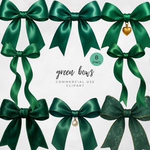 Puede incluir: Una variedad de ocho lazos verde esmeralda en varios estilos. Algunos lazos presentan detalles de corazón dorado o perlas. La imagen incluye el texto "green bows" y "commercial use clipart".