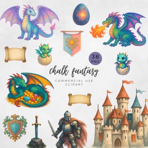 May include: Watercolor fantasy clipart featuring dragons, a castle, a knight, and other medieval elements. The text "chalk fantasy" and "commercial use clipart" are also included. The image has a whimsical, hand-painted style.
