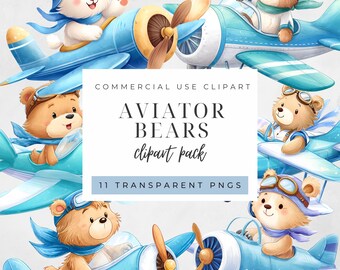 Aviator Bears Clipart, Baby Shower, Nursery Decor, Scrapbooking, Paper Craft, Junk Journal Images, Planner Sticker Clipart, Commercial Use