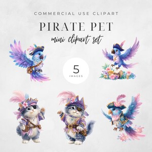 Op de afbeelding: Een digitale illustratie met een "PIRATE PET mini clipart set". De set bevat vijf afbeeldingen van dieren met een piratenthema: twee papegaaien en twee katten, allemaal in piratenkleding, en een centrale afbeelding met het nummer "5". Het kleurenpalet omvat blauw, paars en roze.