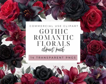 Clipart de rosas góticas románticas oscuras, gráficos de acuarela florales melancólicos negros, rojos y morados, flores de la Academia oscura, rosas y lirios, uso comercial
