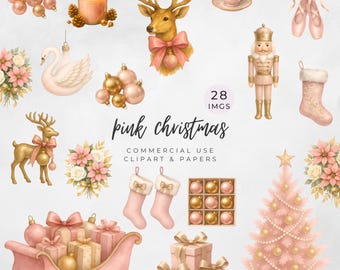 May include: A collection of watercolor Christmas-themed illustrations in shades of pink and gold. The image includes ornaments, a reindeer, a nutcracker, a Christmas tree, gifts, and the text "pink christmas".