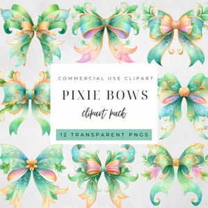 Puede incluir: Una colección de lazos de hadas de acuarela en tonos turquesa, verde y dorado, con acentos de rosa y morado. La imagen incluye el texto "PIXIE BOWS clipart pack" y "12 PNG transparentes".