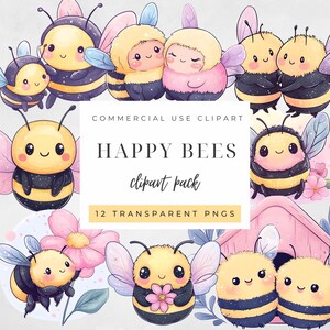 Peut inclure: Un pack de cliparts numériques avec d'adorables abeilles de dessin animé dans diverses poses. Les abeilles sont principalement jaunes et noires, avec des accents roses et bleus. Le texte "HAPPY BEES clipart pack" est affiché, avec "12 TRANSPARENT PNGS".