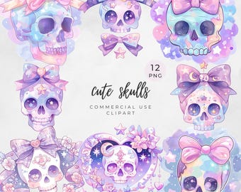 Cute Skull Clipart - Pastell Kawaii Schädel mit Schleifen & Sterne, Gruselige süße Halloween PNG Illustrationen Kommerzielle Nutzung