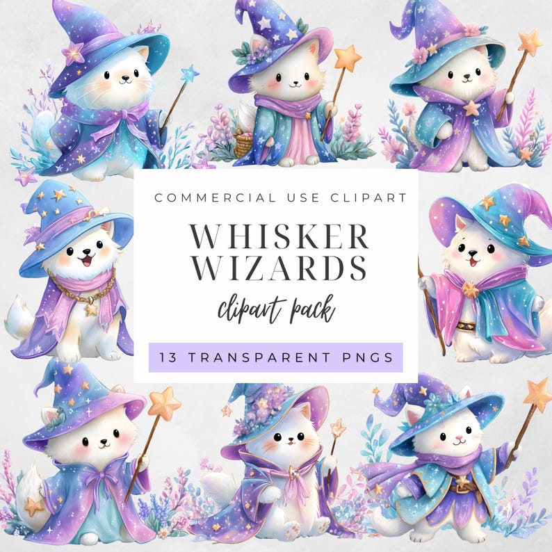 Whisker Wizards Clipart Set – Cute Magic Cat Halloween Pngs in Wizard ...