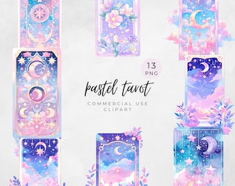 Pastel Tarot Card Clipart – Cute Mystical Moon & Star Tarot Cards, Magical Celestial PNG Set, Commercial Use