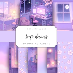 May include: Digital paper set with a dreamy, pastel aesthetic. The image features various scenes of cozy rooms with desks, computers, and soft lighting. The text "lo-fi dreams" and "10 digital papers" are displayed on a white label.