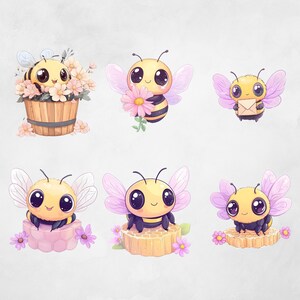 May include: Six cartoon bee illustrations. The bees are yellow and black with large eyes and pink wings. Some bees are holding flowers, an envelope, or sitting on a honeycomb.