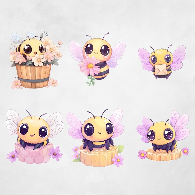 May include: Six cartoon bee illustrations. The bees are yellow and black with large eyes and pink wings. Some bees are holding flowers, an envelope, or sitting on a honeycomb.