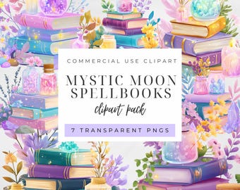 May include: A digital illustration featuring stacks of books in shades of purple, blue, and gold, adorned with jars of potions and floral arrangements. The text reads "Mystic Moon Spellbooks clipart pack."