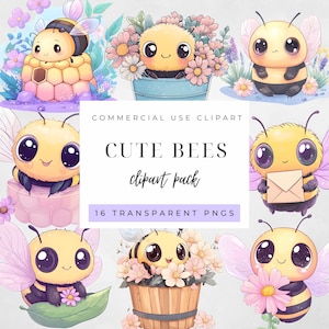 May include: A set of cute bee clipart images. The bees are yellow and black with large eyes and wings. Some bees are in flower pots, and others are holding flowers or envelopes. The text "CUTE BEES clipart pack" is in the centre.
