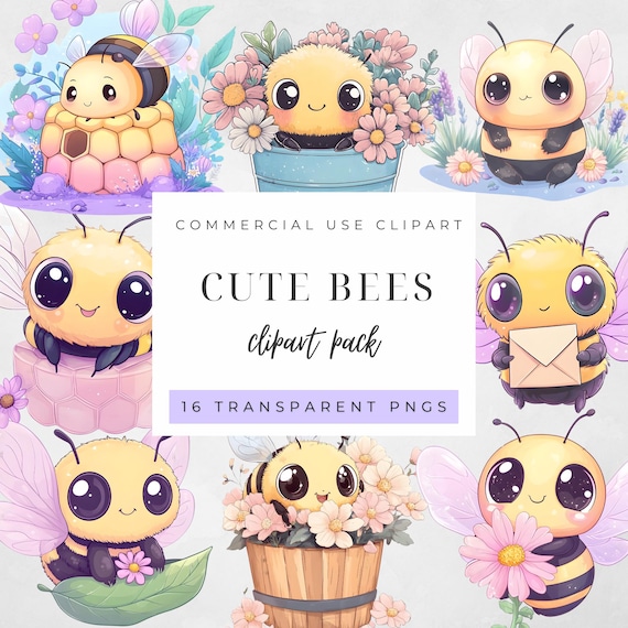 Cute Bees Clipart Set – Kawaii Bee PNGs with Flowers, Honeycombs, and Buckets for Crafts, Scrapbooking, and Decor, Commercial Use
