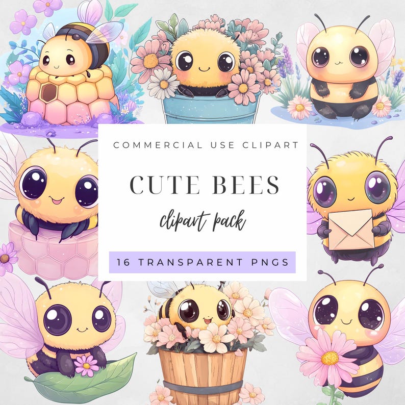 May include: A set of cute bee clipart images. The bees are yellow and black with large eyes and wings. Some bees are in flower pots, and others are holding flowers or envelopes. The text "CUTE BEES clipart pack" is in the centre.