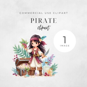 Può includere: Illustrazione ad acquerello di una ragazza pirata con un forziere, una spada e una bottiglia. L'immagine include il testo "COMMERCIAL USE CLIPART" e "PIRATE clipart". La ragazza pirata indossa un abito rosso e bianco.